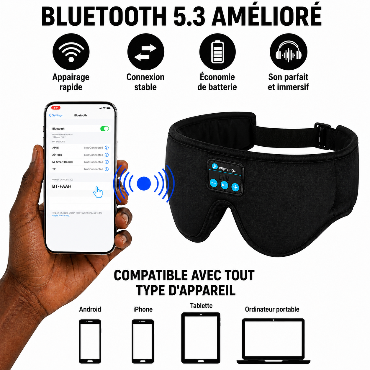 Masque de Sommeil 3D Confort avec Ecouteurs Bluetooth Intégrés