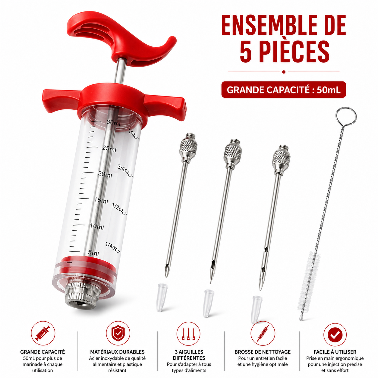 Kit Complet 5 pièces Injecteur de Marinade Grande Capacité 50 mL en Acier Inoxydable