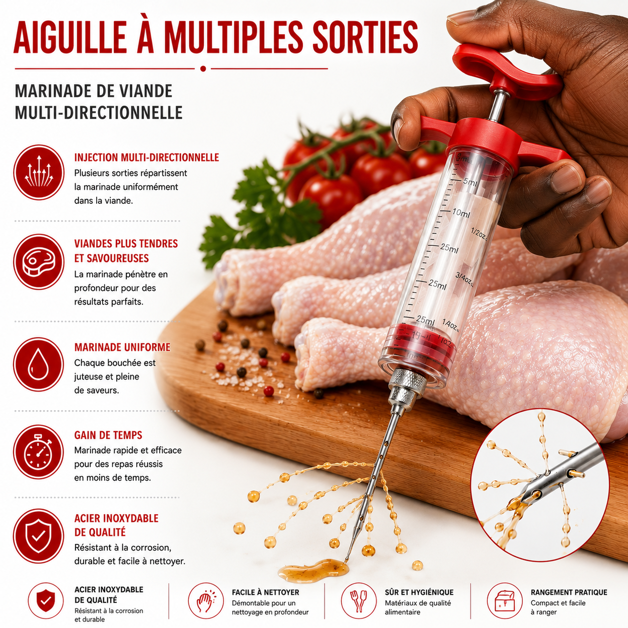 Kit Complet 5 pièces Injecteur de Marinade Grande Capacité 50 mL en Acier Inoxydable