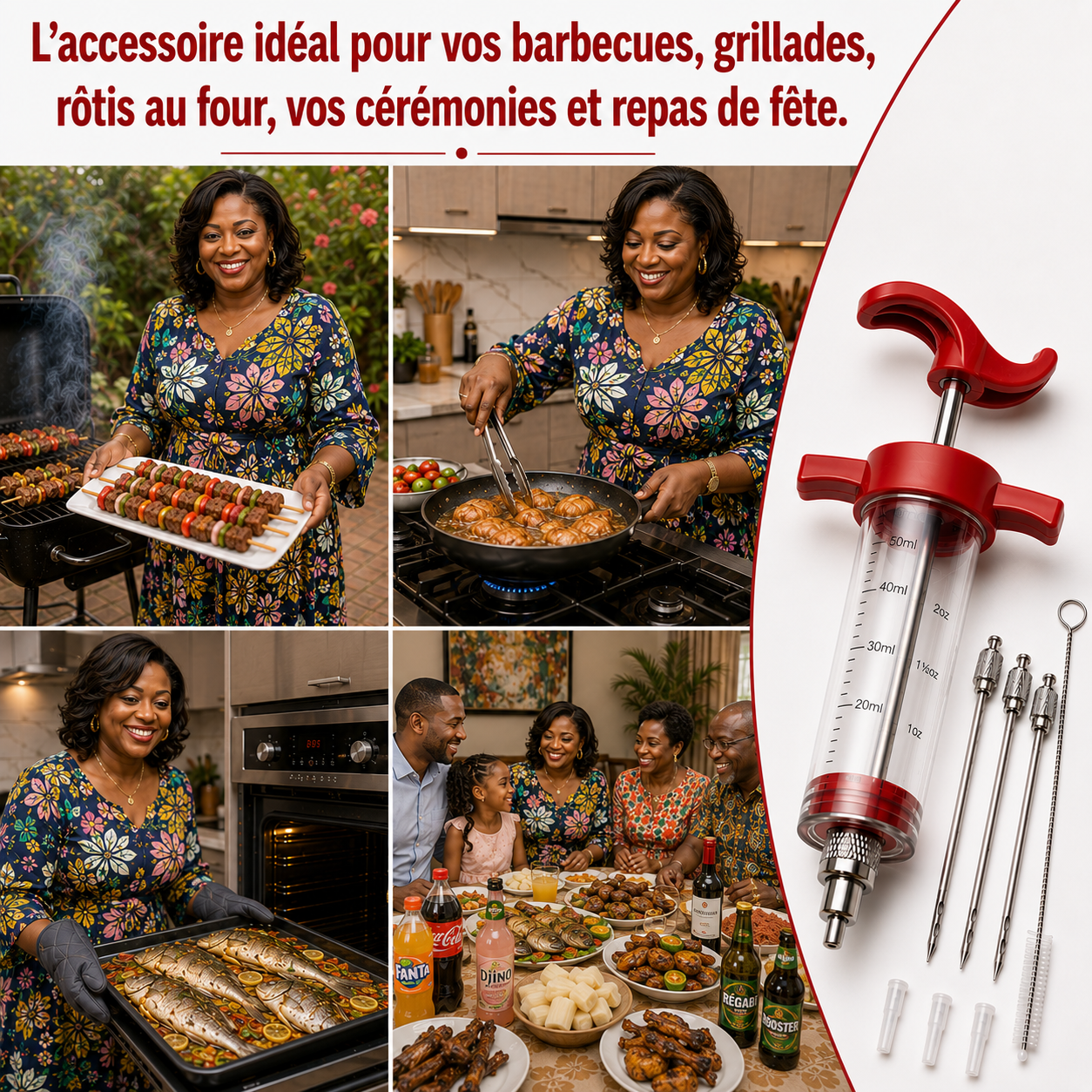 Kit Complet 5 pièces Injecteur de Marinade Grande Capacité 50 mL en Acier Inoxydable
