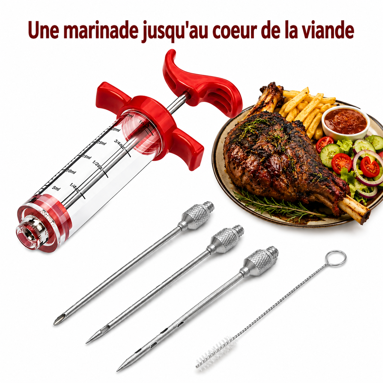 Kit Complet 5 pièces Injecteur de Marinade Grande Capacité 50 mL en Acier Inoxydable
